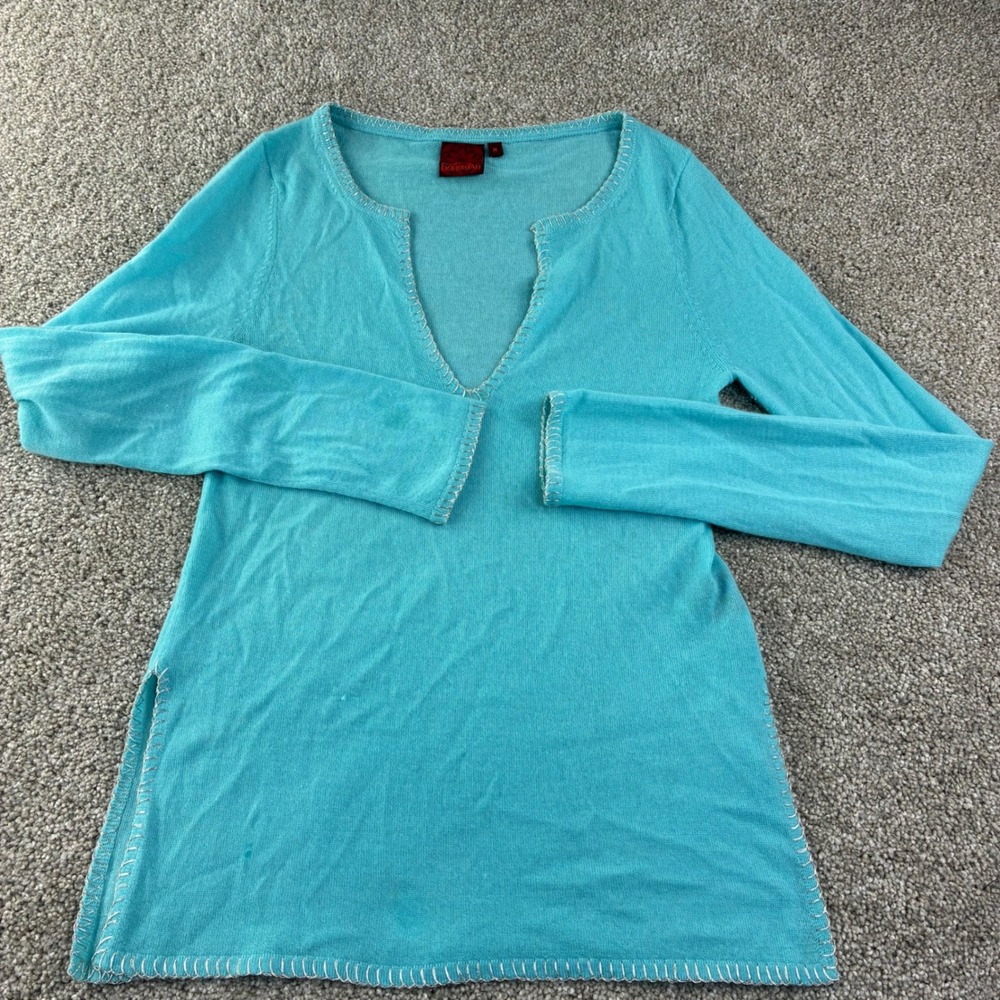 Bohemian‎ Turquoise Cashmere Sweater Spit V Neck Whipstitch Trim Women M Coastal